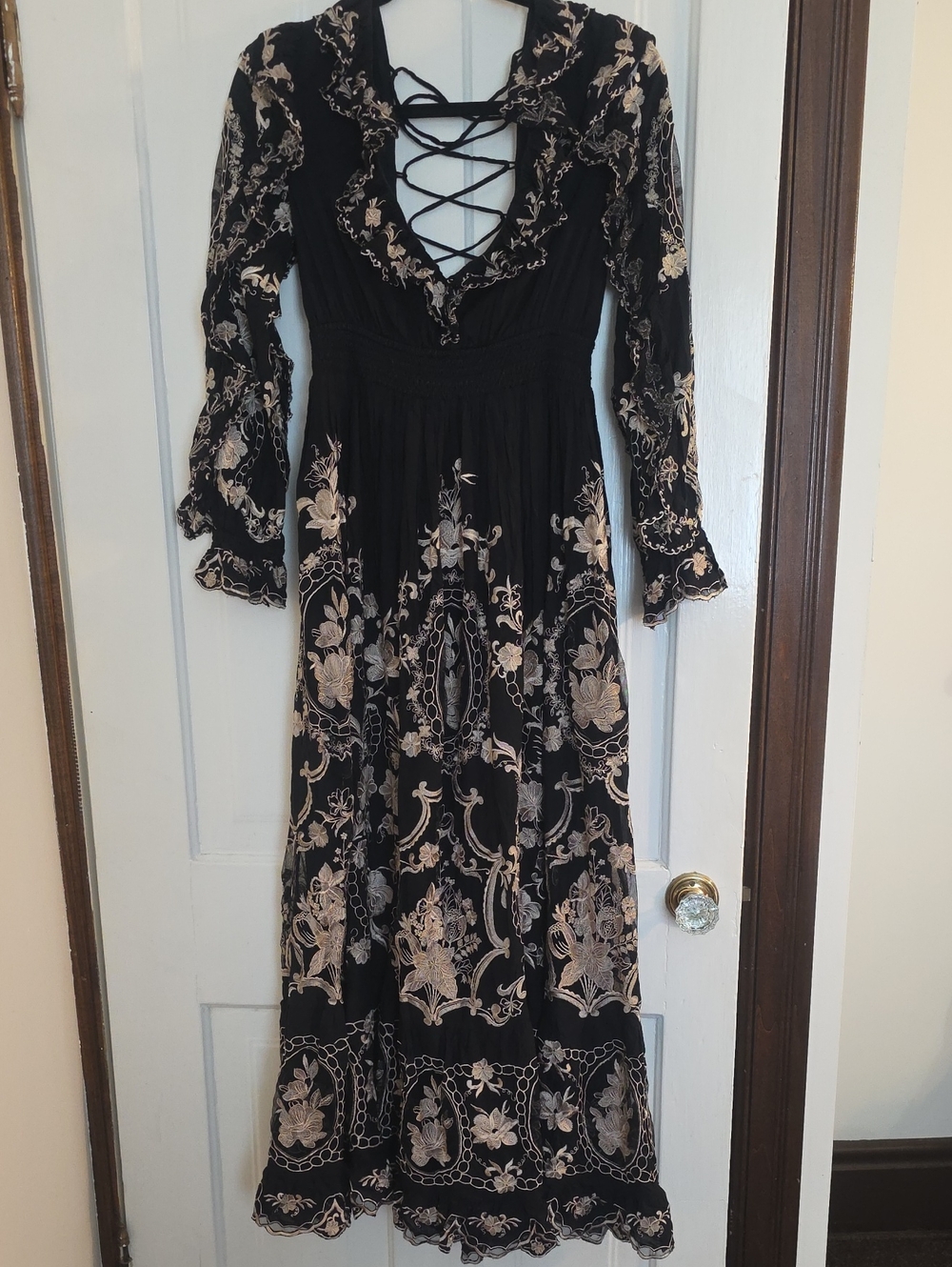 Black Floral Lace-Up Maxi Dress
